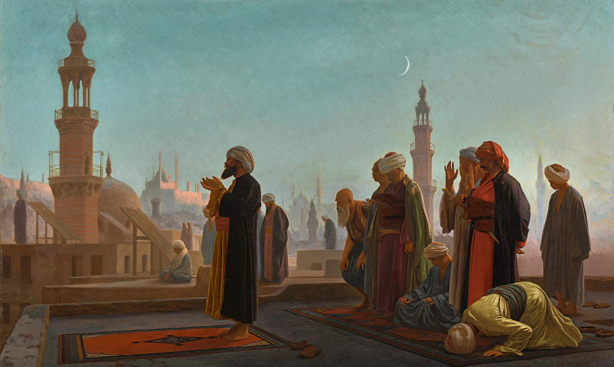 Evening Prayer, Cairo by Jean-Léon Gérôme — Men pray on a Cairo rooftop beneath a thin crescent moon