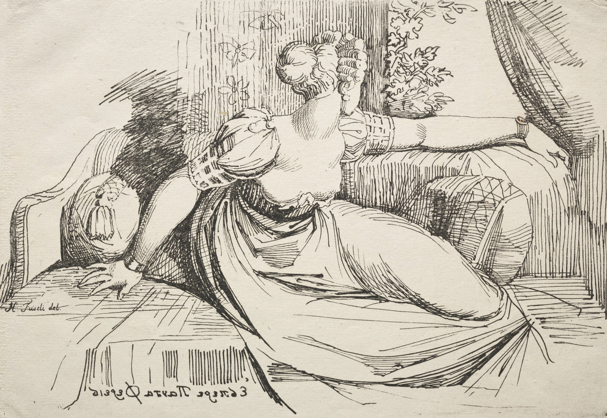 Evening Thou Bringest All by Henry Fuseli — A young woman twists across a couch towards a curtained window