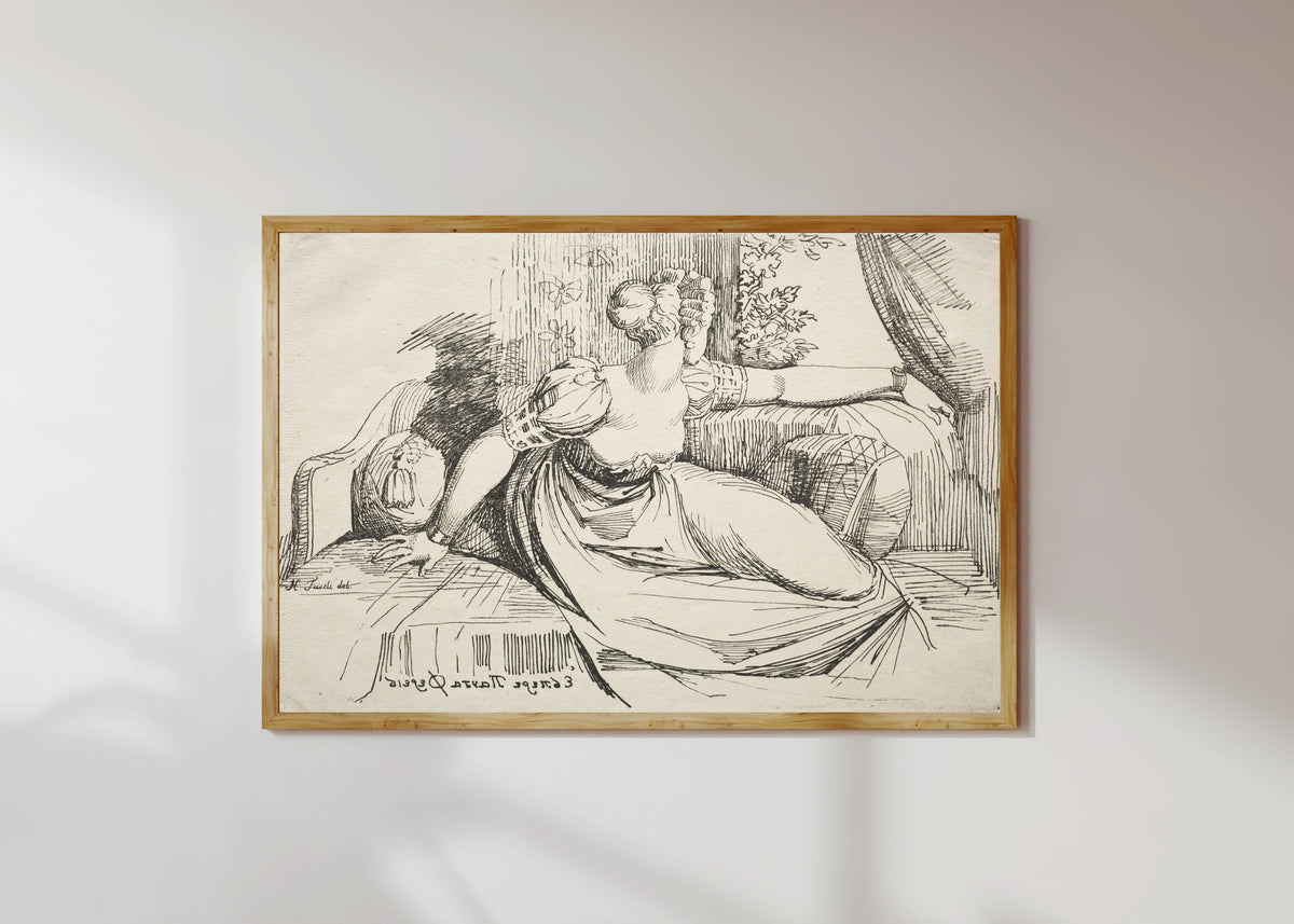 Framed art print of Evening Thou Bringest All by Henry Fuseli, in a light wood frame on a sunlit white wall