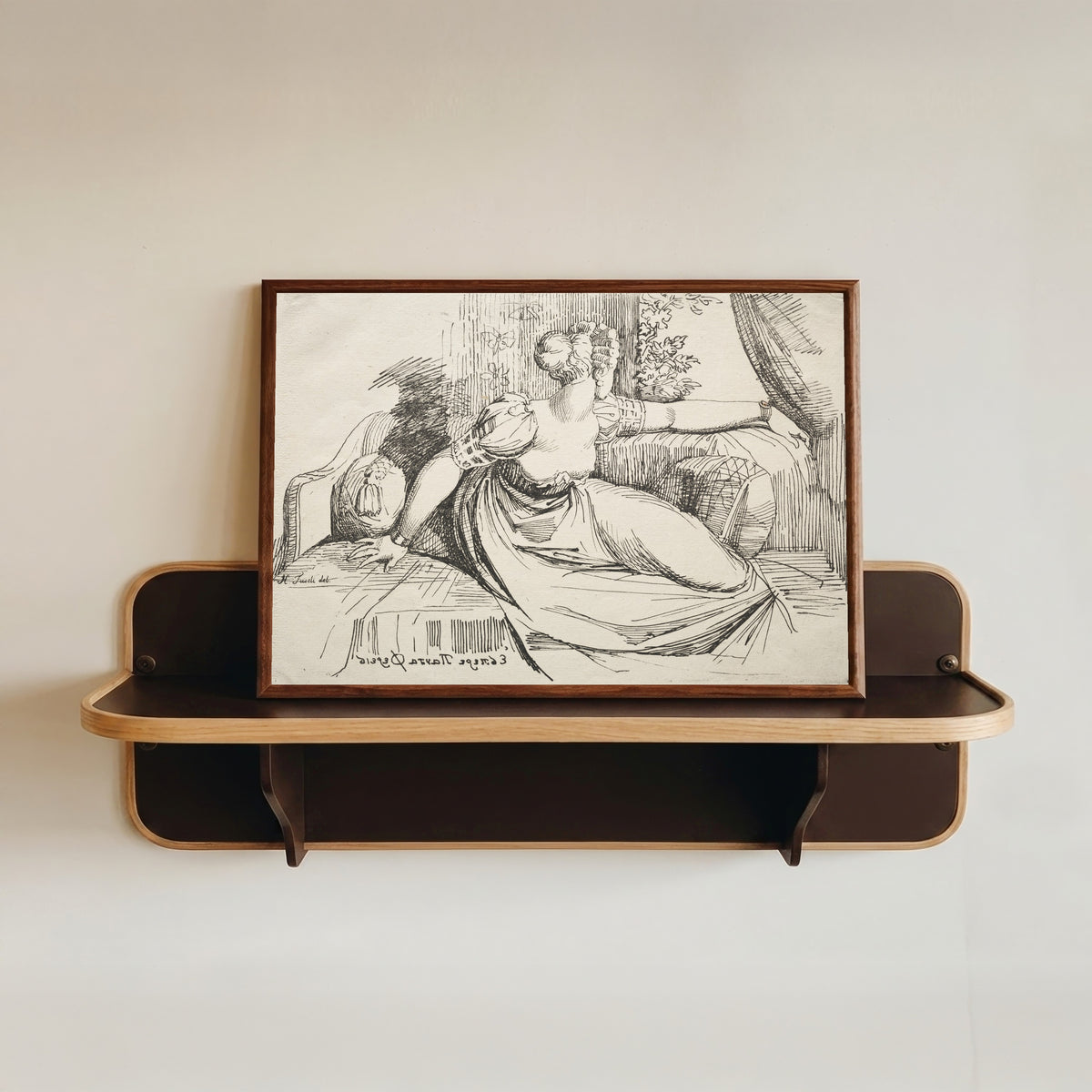 Framed art print of Evening Thou Bringest All by Henry Fuseli, in a dark wood frame resting on a wall shelf