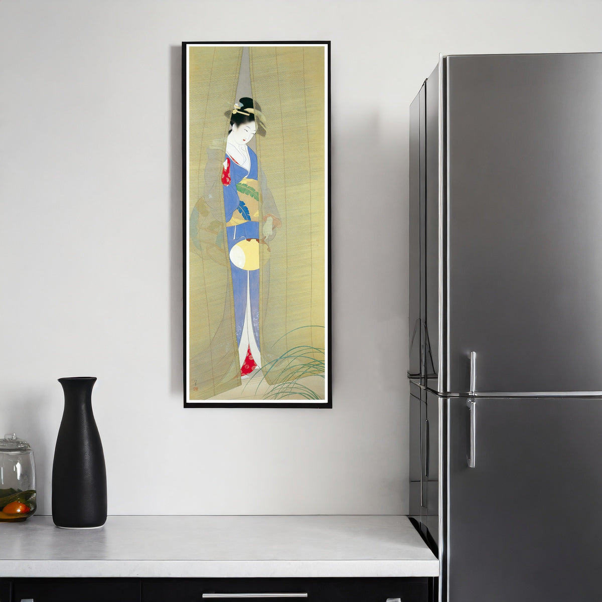 Evening (Yūbe) by Uemura Shōen — shown framed on a wall
