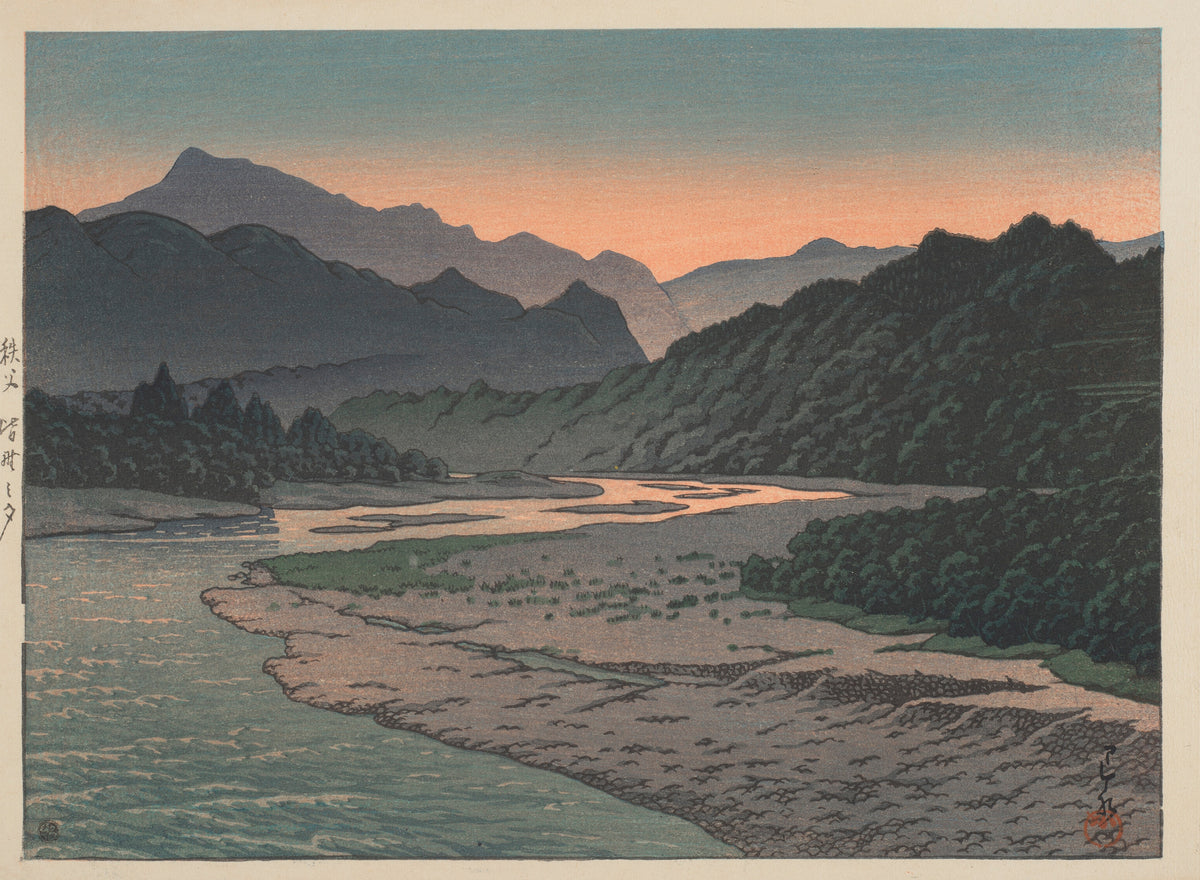 Evening at Minano, Chichibu by Kawase Hasui — Orange light on a river winding between dark wooded hills