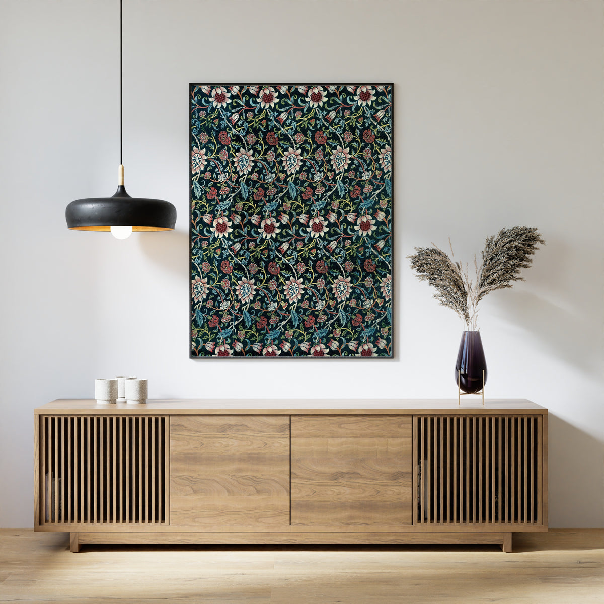 Framed art print of Evenlode by William Morris, above a slatted wood sideboard