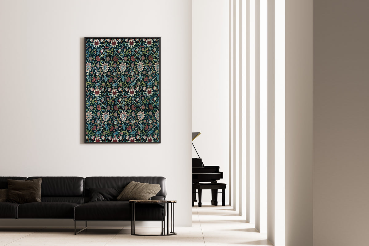 Framed art print of Evenlode by William Morris, on the wall of a minimal living room