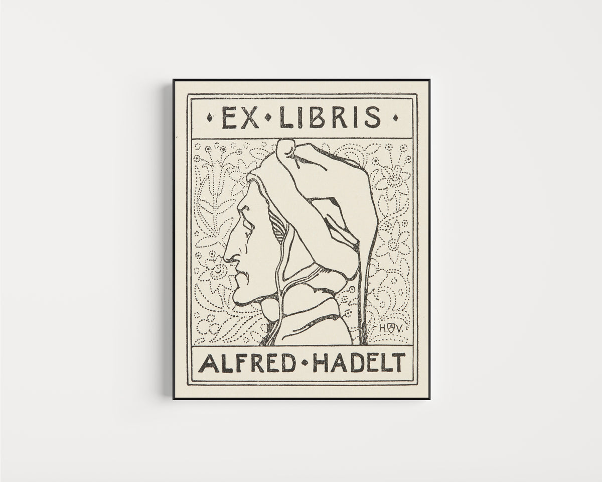 Framed art print of Ex Libris Alfred Hadelt by Heinrich Vogeler, in a slim black frame on a plain white wall