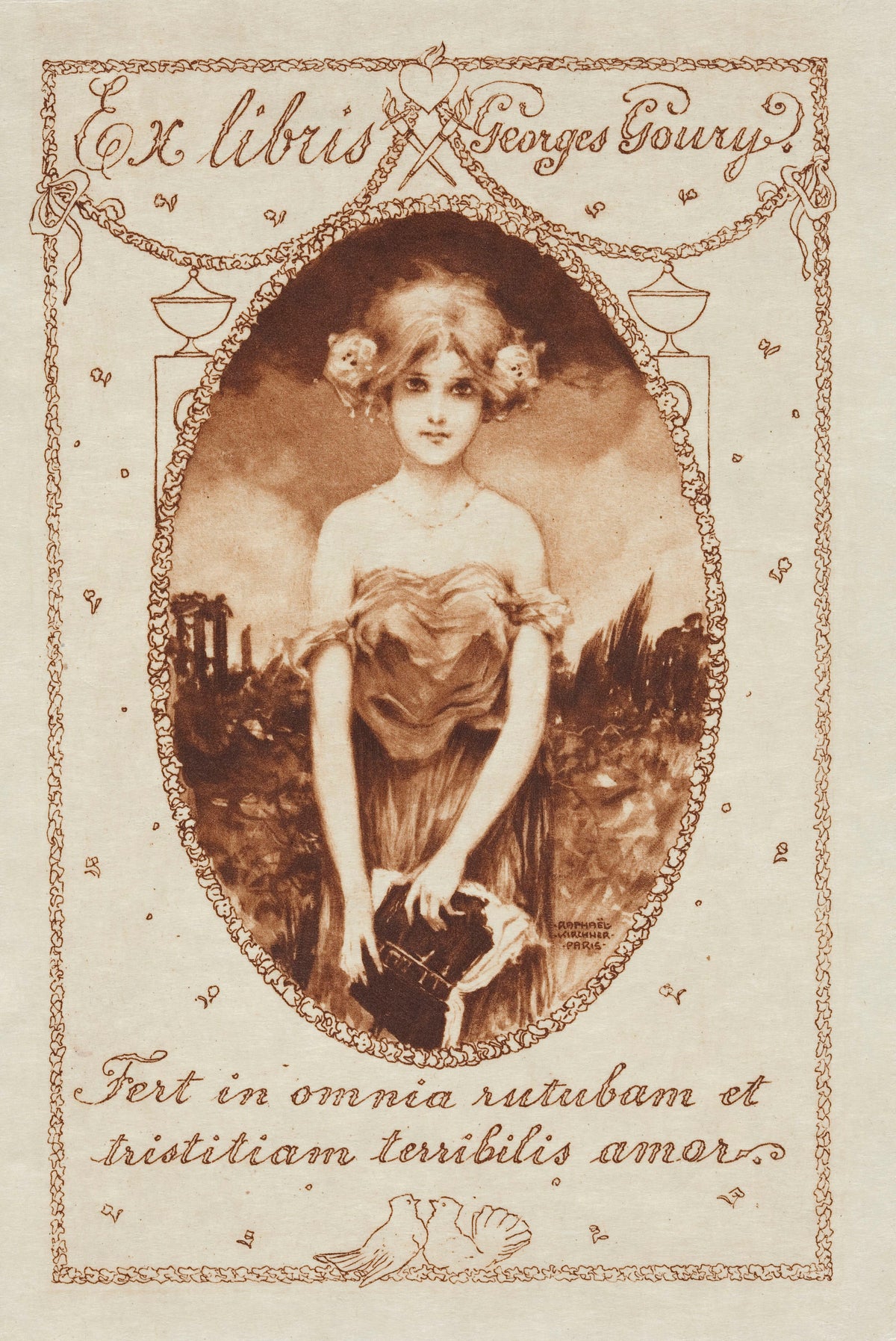 Ex Libris Georges Goury by Raphael Kirchner — A young woman in an oval vignette holds a cloth-wrapped bundle