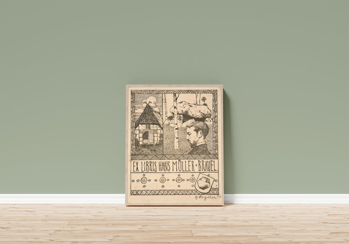 Framed art print of Ex Libris Hans Müller-Brauel by Heinrich Vogeler, in a light wood frame leaning on a sage green wall above a wooden floor