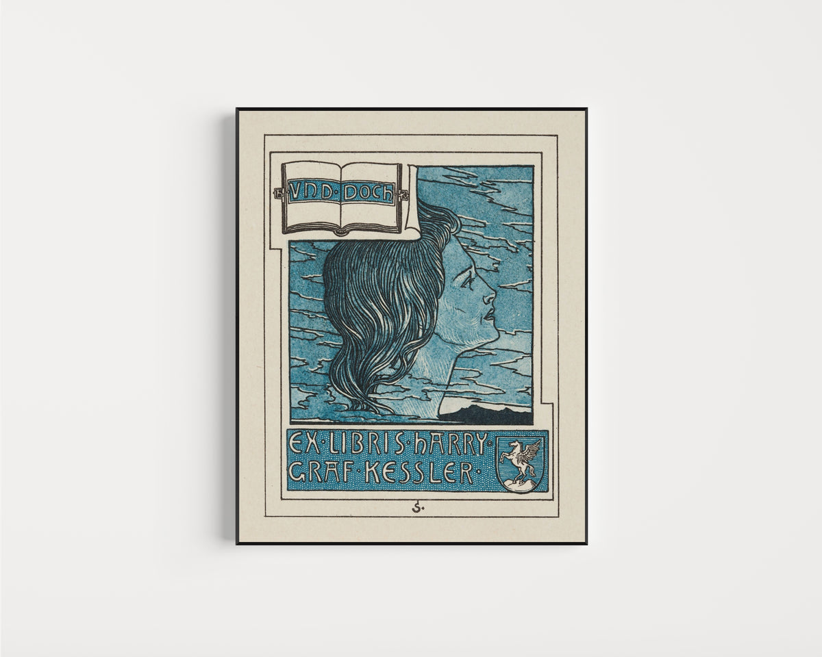 Framed art print of Ex Libris Harry Graf Kessler by Joseph Sattler, in a slim black frame on a plain white wall