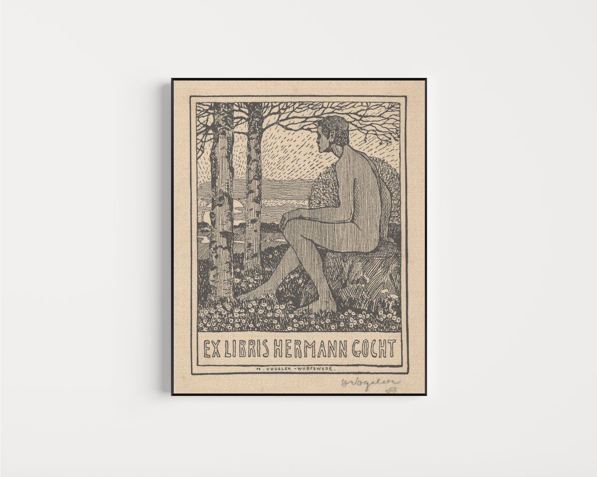 Framed art print of Ex Libris Hermann Gocht by Heinrich Vogeler, in a slim black frame on a plain white wall