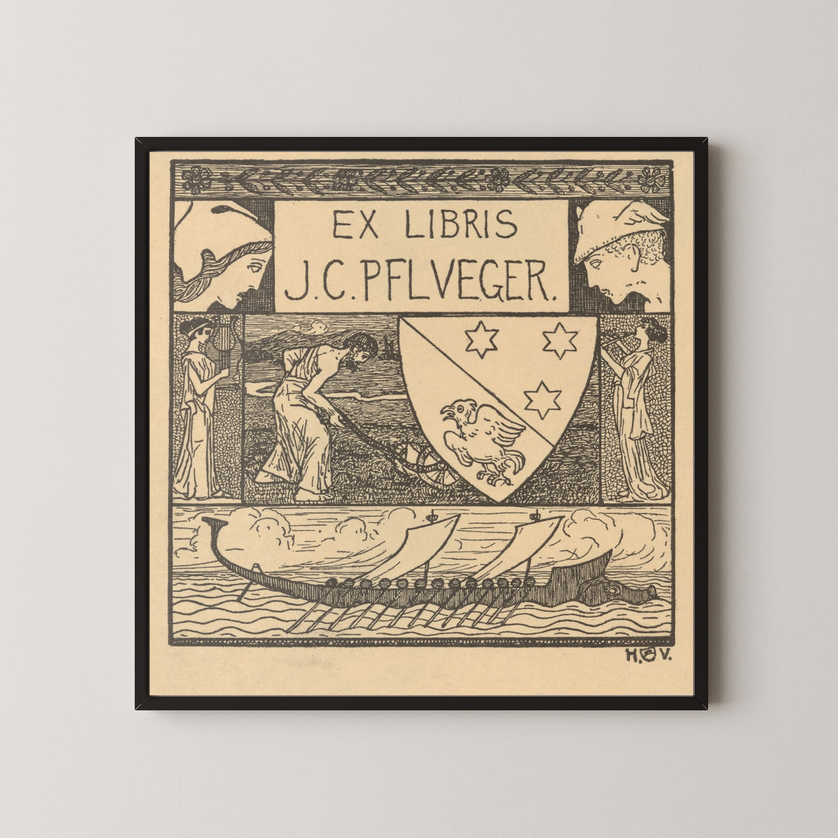 Framed art print of Ex Libris J.C. Pflueger by Heinrich Vogeler, in a black frame on a pale wall