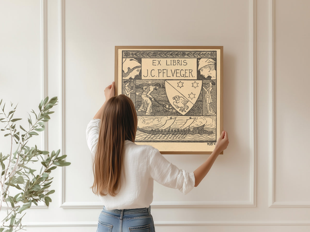 Framed art print of Ex Libris J.C. Pflueger by Heinrich Vogeler, hung on a panelled wall