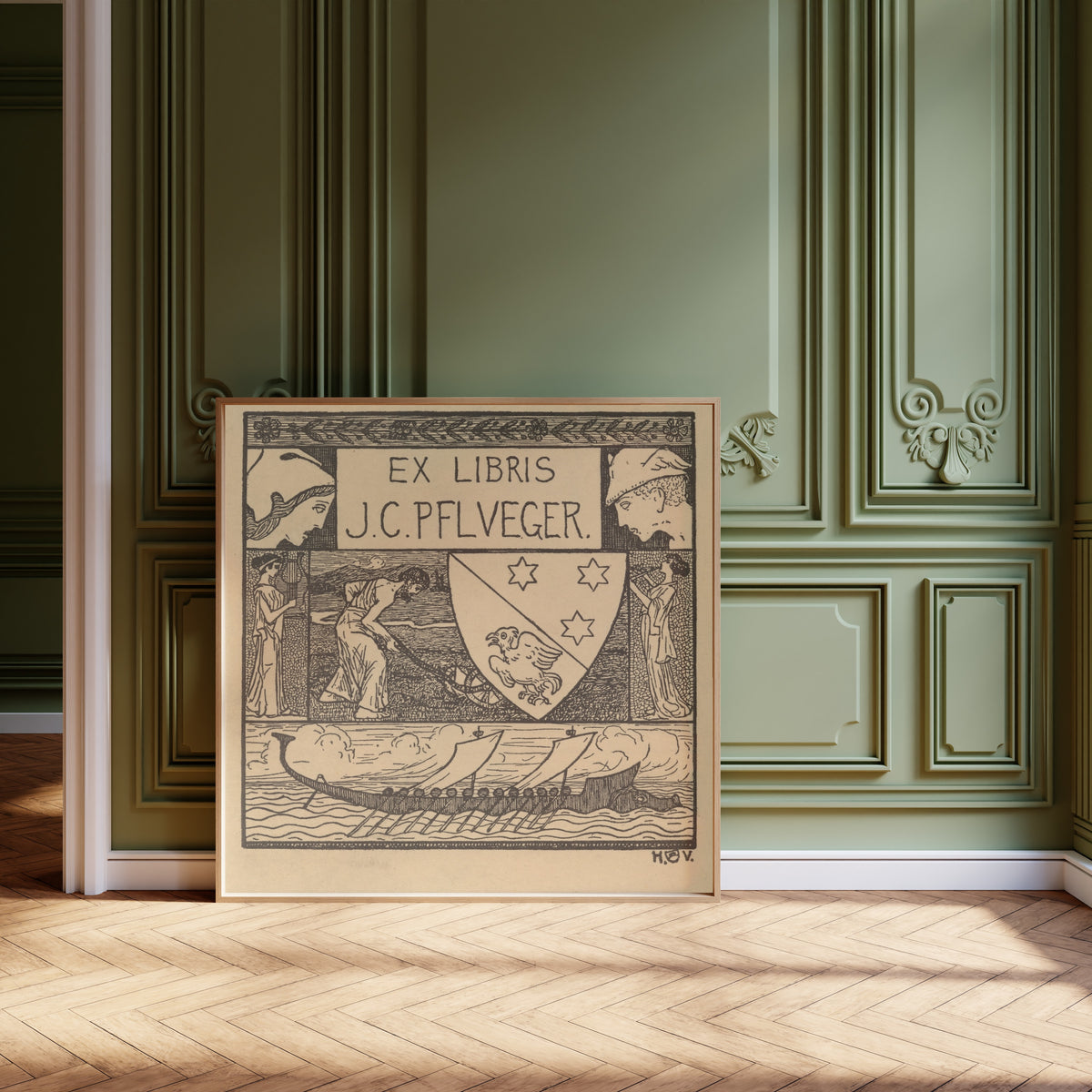 Framed art print of Ex Libris J.C. Pflueger by Heinrich Vogeler, leaning against olive-green panelling on a herringbone floor