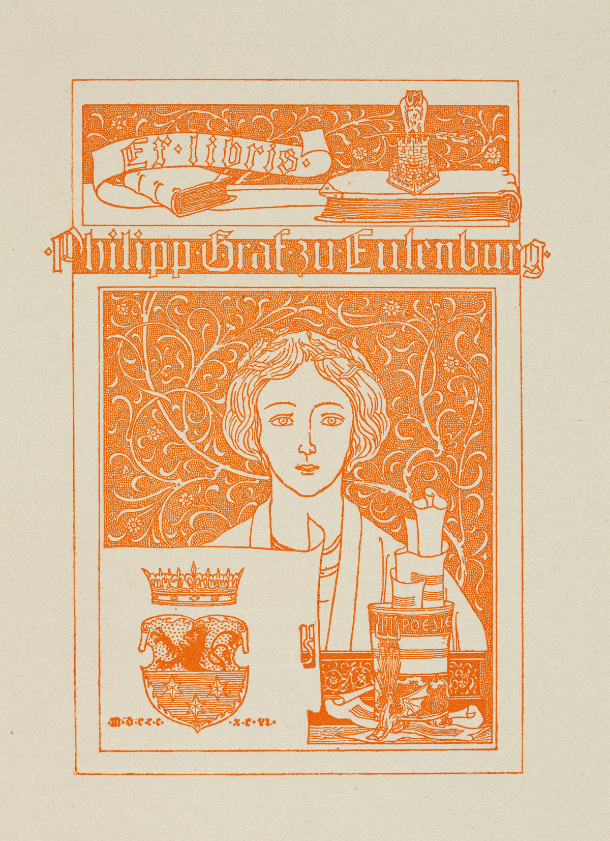 Ex Libris Philipp Graf zu Eulenburg by Joseph Sattler — A laurel-crowned youth among vines above a crowned shield