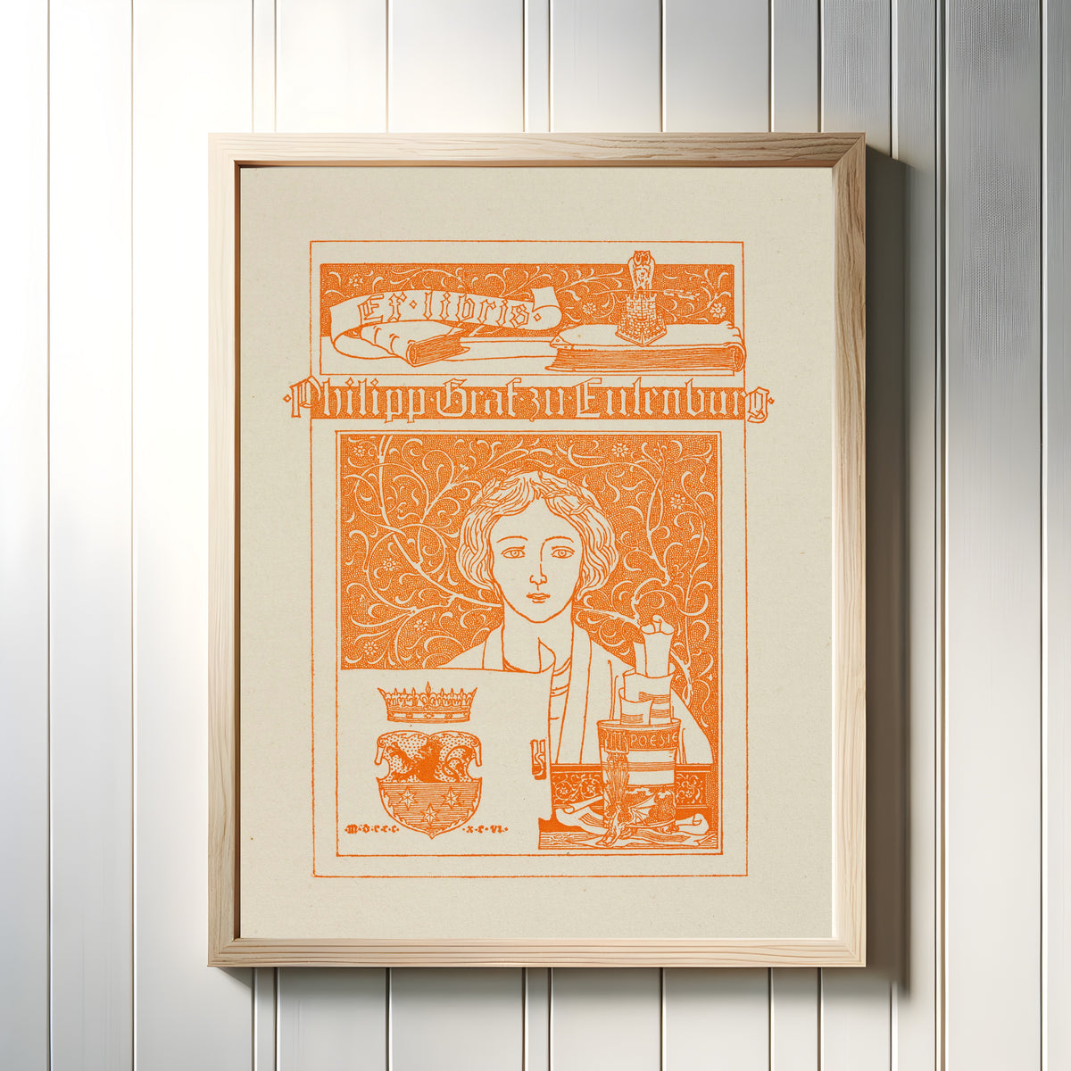Framed art print of Ex Libris Philipp Graf zu Eulenburg by Joseph Sattler, in a light wood frame on a white panelled wall