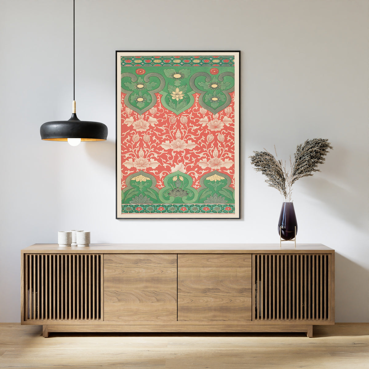 Owen Jones — Chinese Ornament: Ivory Lotus on Coral with Green Panels | Ornament Plate Print