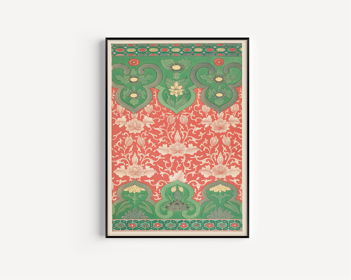 Owen Jones — Chinese Ornament: Ivory Lotus on Coral with Green Panels | Ornament Plate Print
