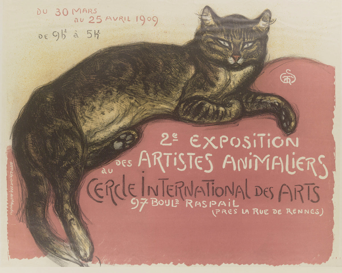 Exposition des artistes animaliers au Cercle International des Arts by Théophile Steinlen — A tabby cat sprawls on a salmon-pink cushion with its tail trailing