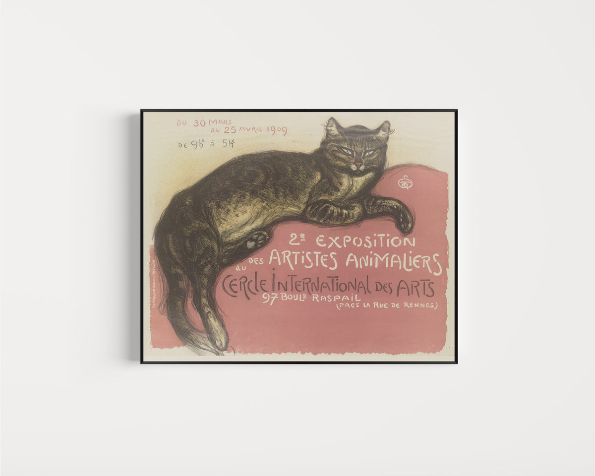 Framed art print of Exposition des artistes animaliers au Cercle International des Arts by Théophile Steinlen, in a slim black frame on a plain white wall