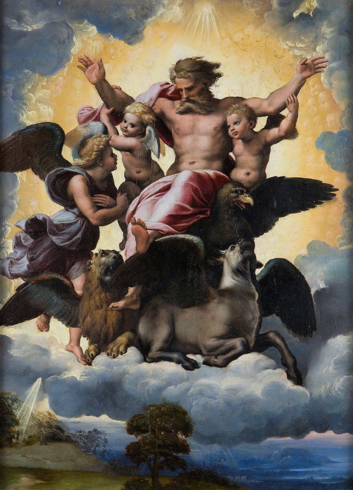 Ezekiel’s Vision by Raphael — A bearded figure with raised arms rises on golden clouds