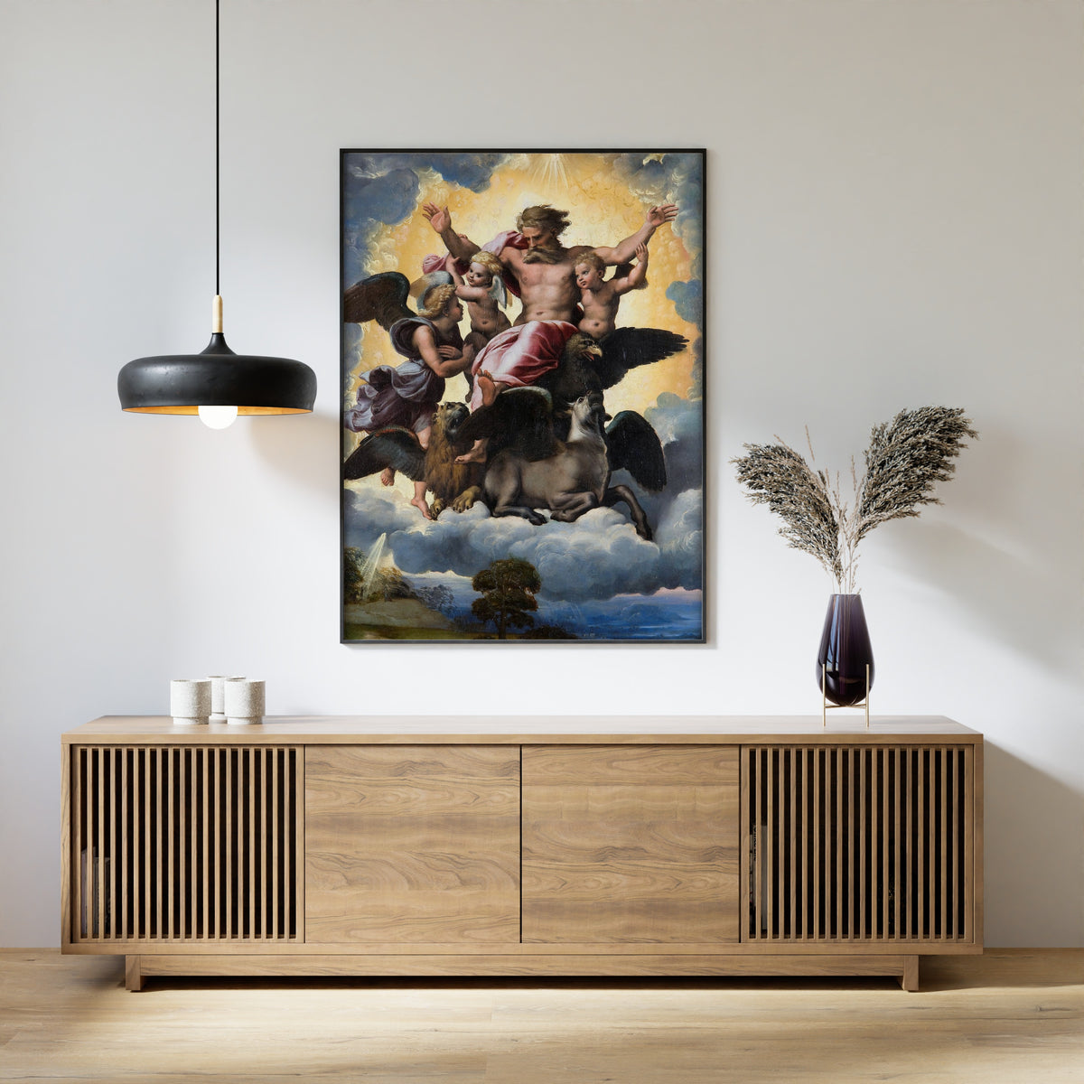 Framed art print of Ezekiel’s Vision by Raphael, above a slatted wood sideboard