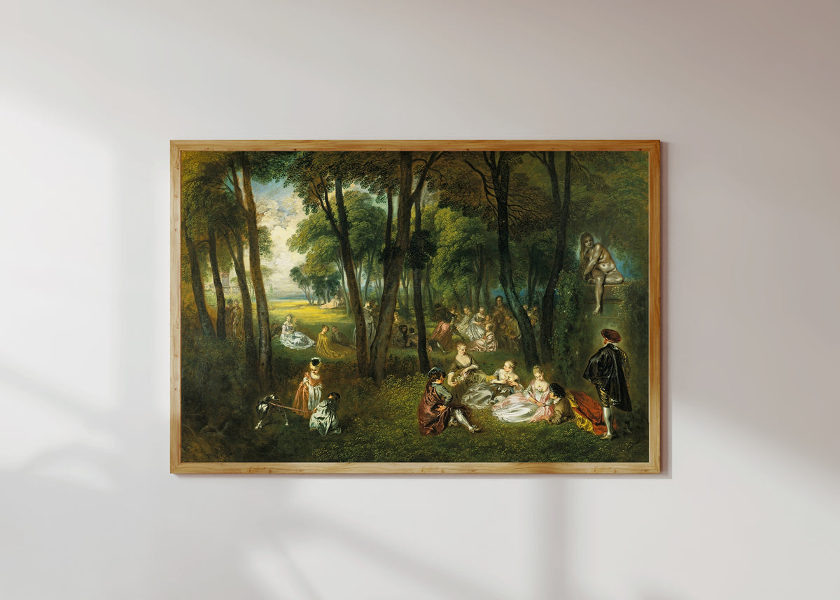Framed art print of Fête galante in a Wooded Landscape by Jean-Antoine Watteau, in a light wood frame on a sunlit white wall