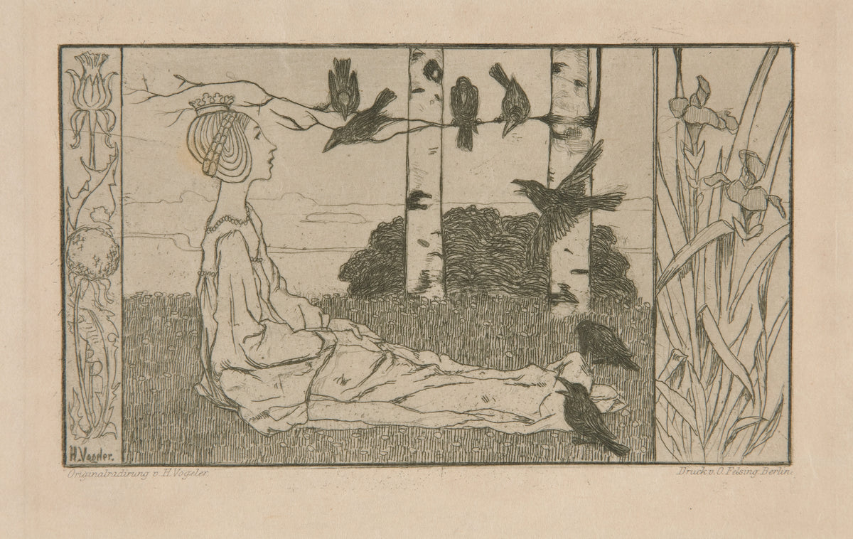 Fairy-Tale Representation by Heinrich Vogeler — A crowned girl sits among crows between thistle and iris panels