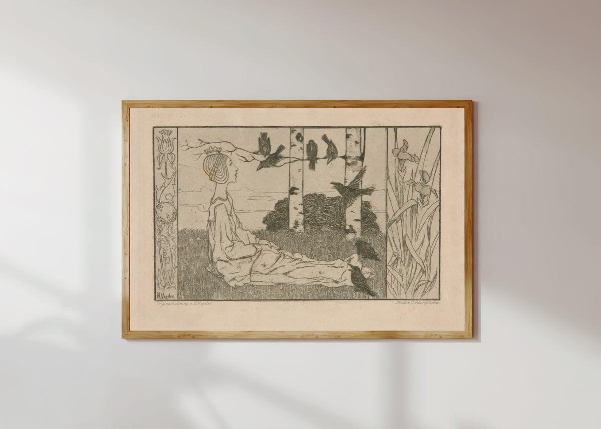 Framed art print of Fairy-Tale Representation by Heinrich Vogeler, in a light wood frame on a sunlit white wall