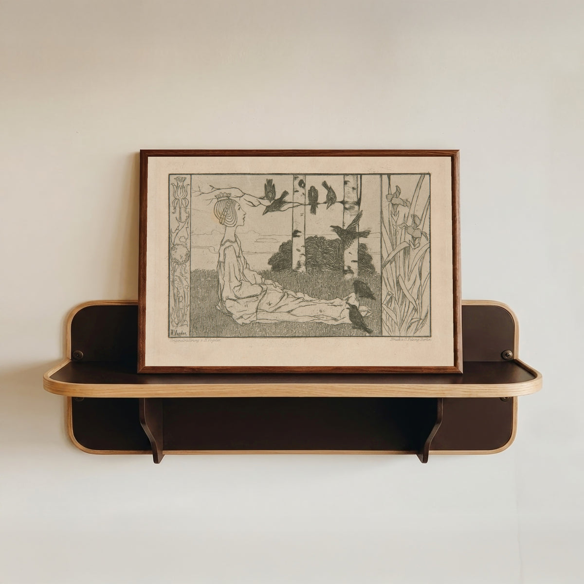 Framed art print of Fairy-Tale Representation by Heinrich Vogeler, in a dark wood frame resting on a wall shelf