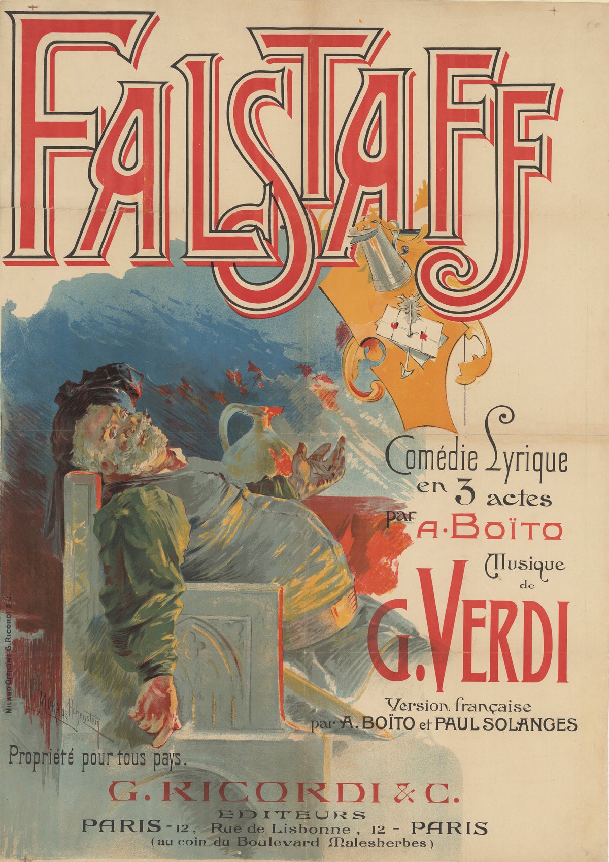 Falstaff: Comédie lyrique en 3 actes by Adolfo Hohenstein — A stout bearded man slumps in a carved chair with a tankard above