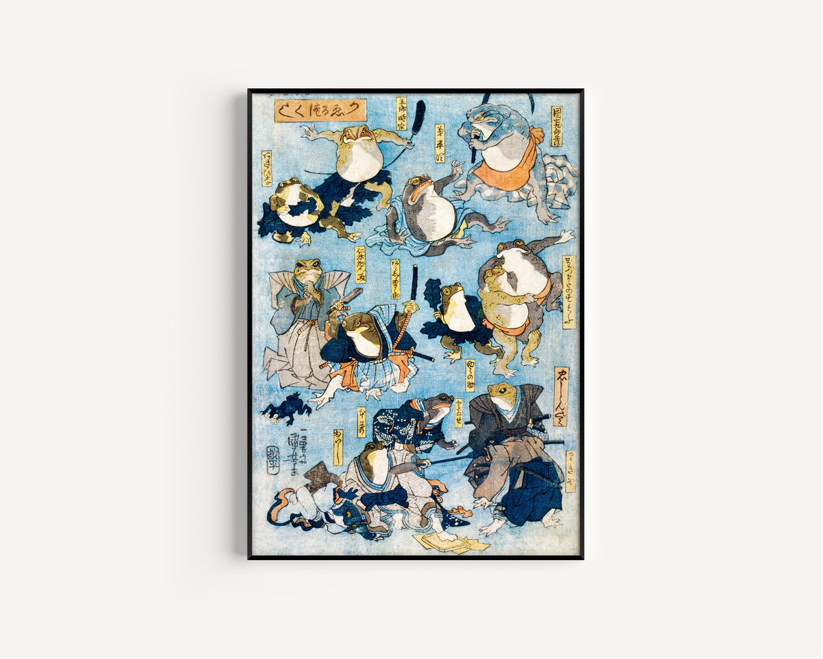 Utagawa Kuniyoshi — Famous Frogs (frog parody) | Japanese Woodblock Print (Ukiyo-e)