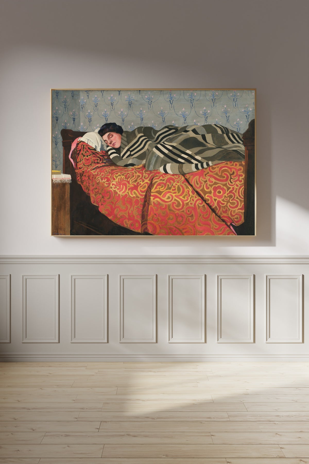 The Sleep (Le Sommeil) by Félix Vallotton — framed on a panelled wall in afternoon light