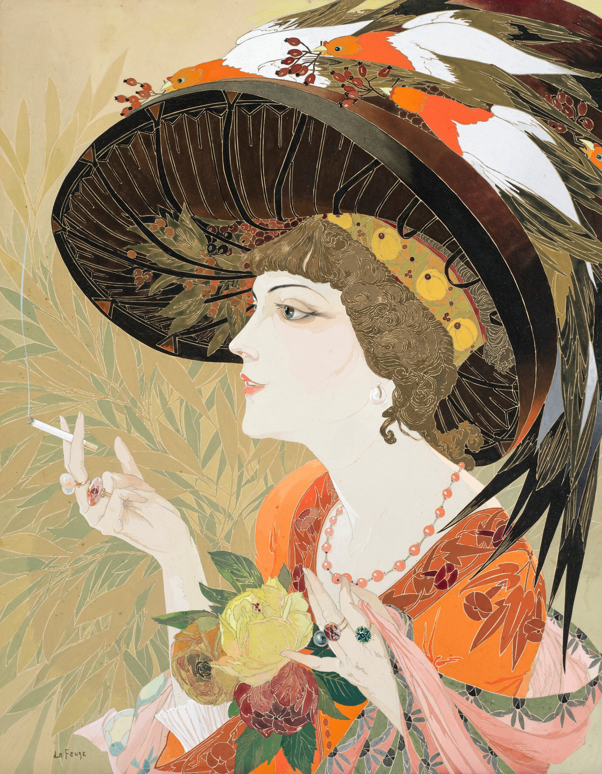 Femme en buste fumant de profil by Georges de Feure — A woman in a vast plumed hat lifts a cigarette in a haze of leaves