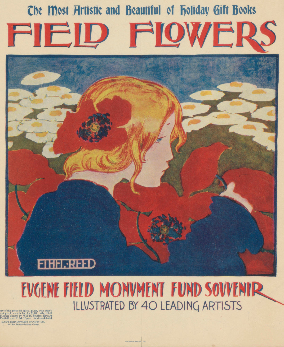Field Flowers: The Most Artistic and Beautiful of Holiday Gift Books (Eugene Field Monument Fund Souvenir) by Ethel Reed — A golden-haired woman among red