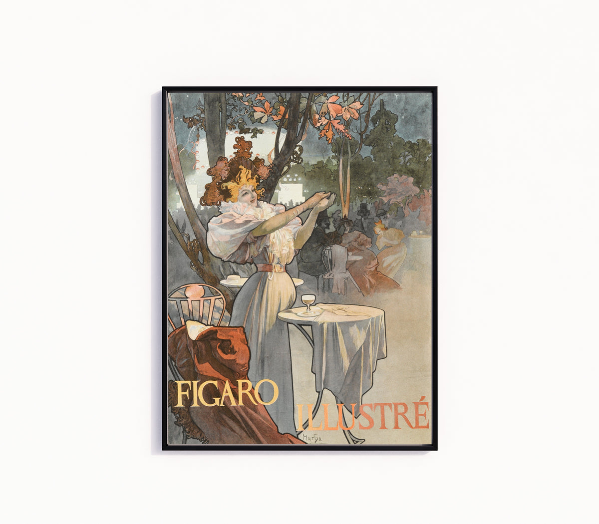 Framed art print of Figaro Illustré by Alphonse Mucha, in a slim black frame on a plain white wall