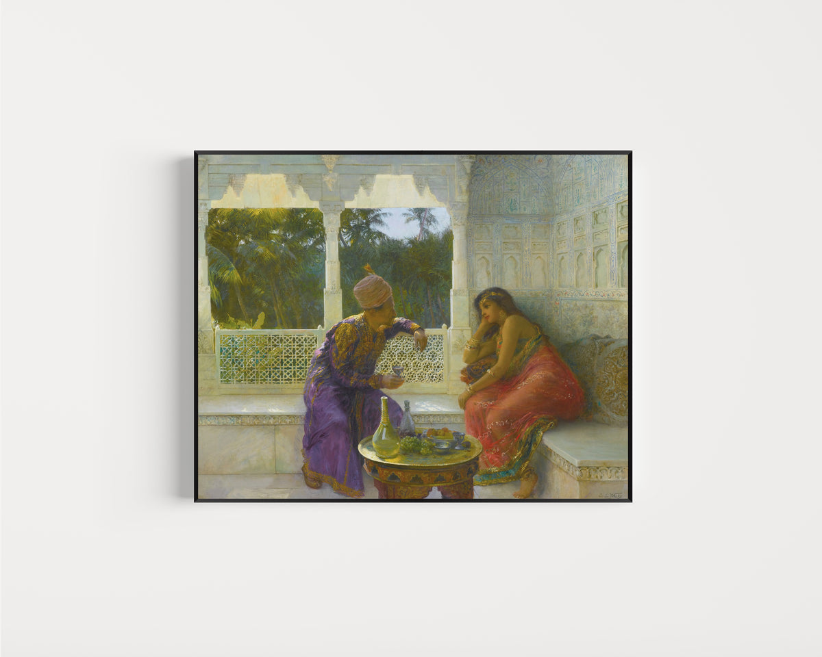 Framed art print of Figures in an Interior with Garden of Palms Beyond by Edwin Lord Weeks, in a slim black frame on a plain white wall
