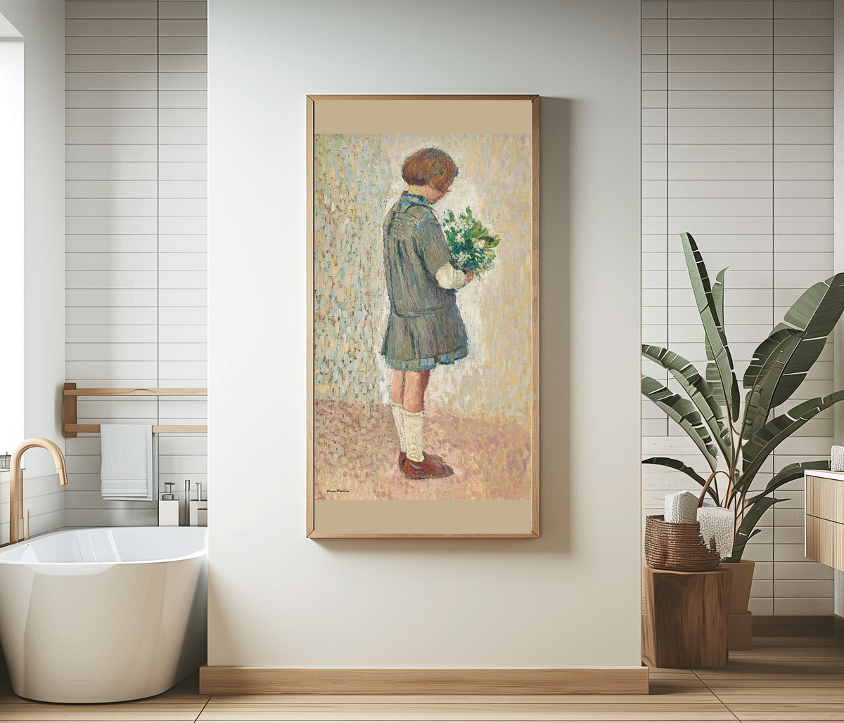 Henri Martin — Fillette en tablier d’écolière tenant un bouquet | Pointillist Portrait Print