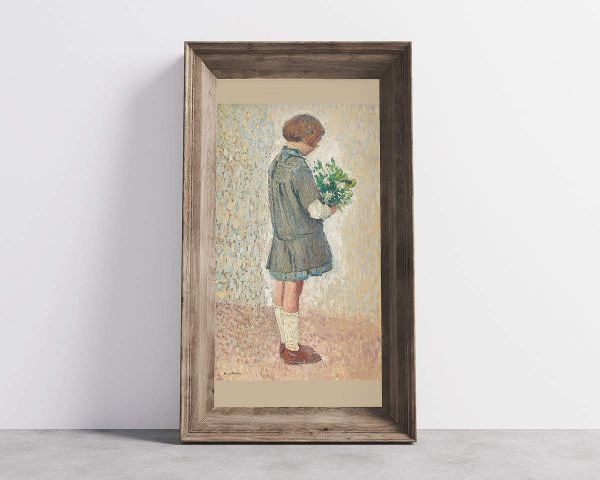 Henri Martin — Fillette en tablier d’écolière tenant un bouquet | Pointillist Portrait Print
