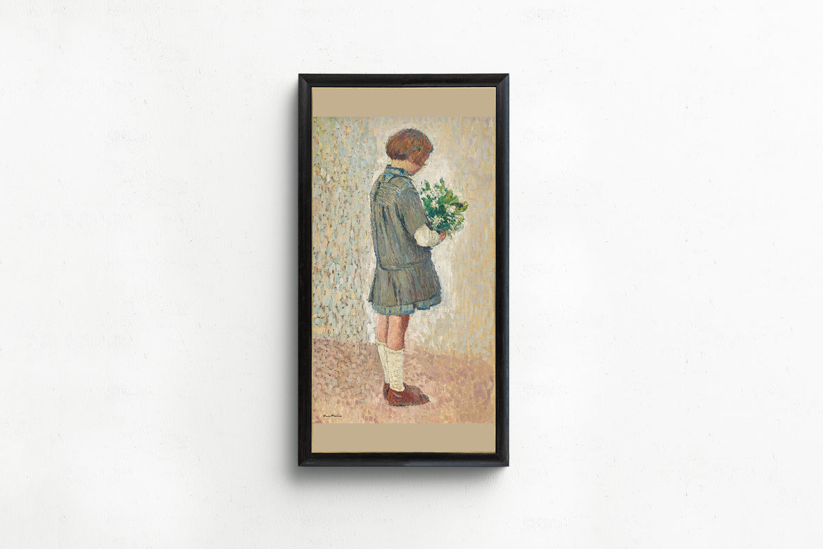 Henri Martin — Fillette en tablier d’écolière tenant un bouquet | Pointillist Portrait Print