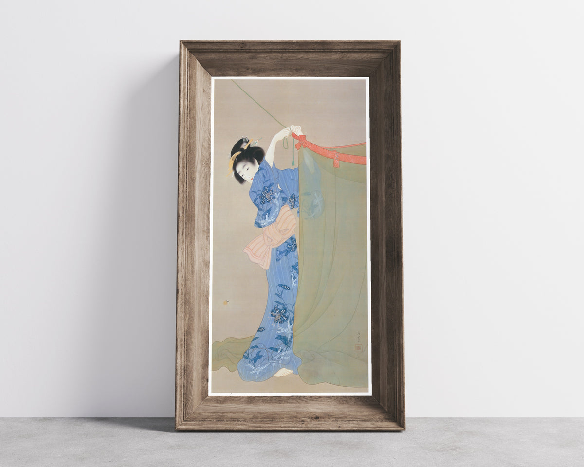 Fireflies (Hotaru) by Uemura Shōen — shown framed on a wall