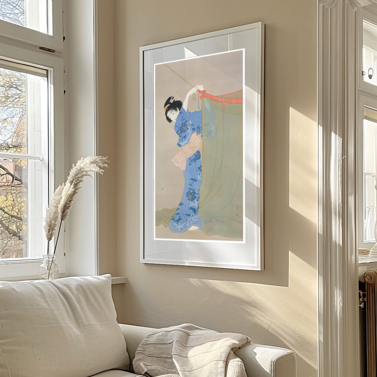 Fireflies (Hotaru) by Uemura Shōen — shown framed on a wall