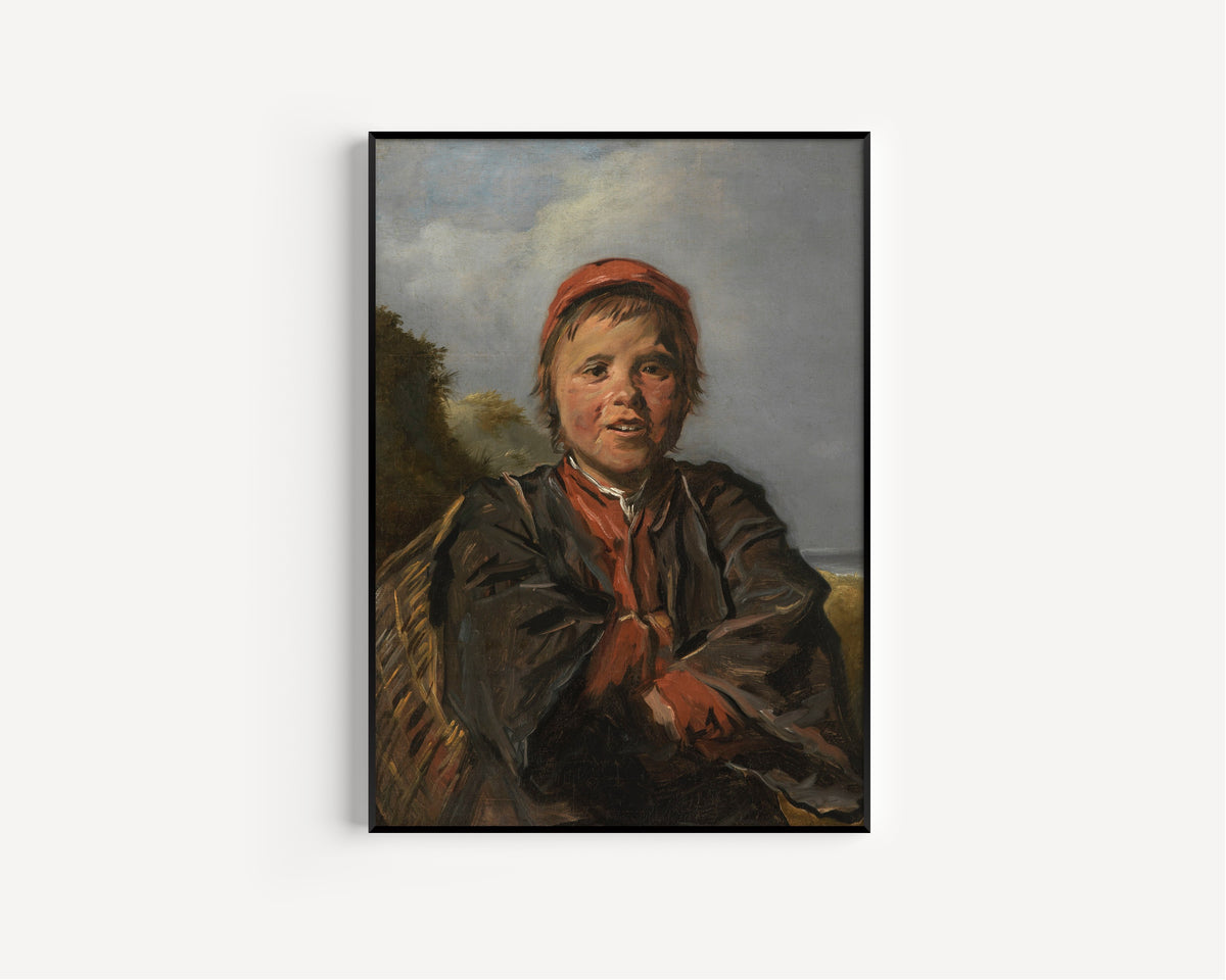 Framed art print of Fisherboy by Frans Hals, in a slim black frame on a plain white wall