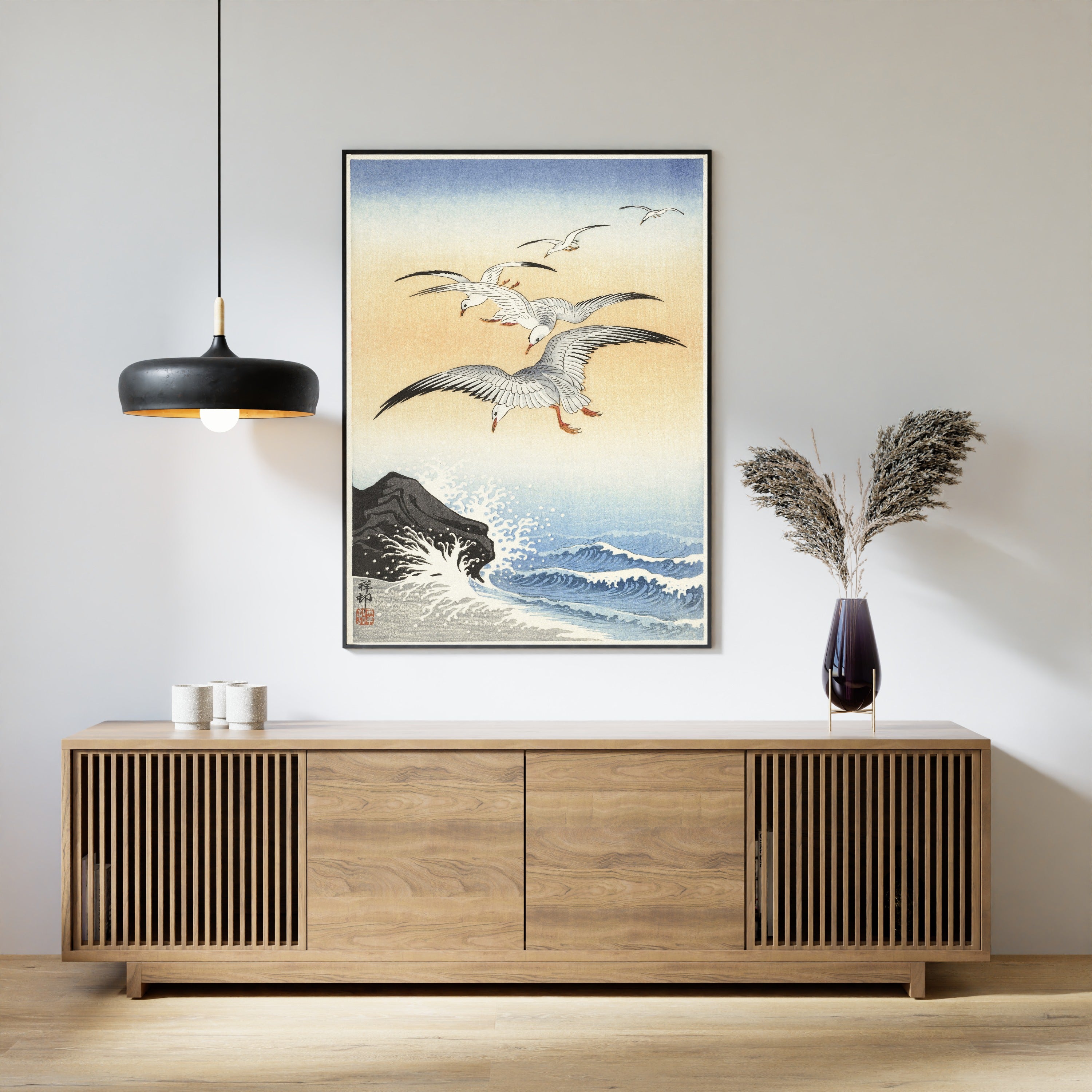 Ohara Koson — Five Seagulls above a Turbulent Sea | Japanese Bird & Flower Woodblock Print