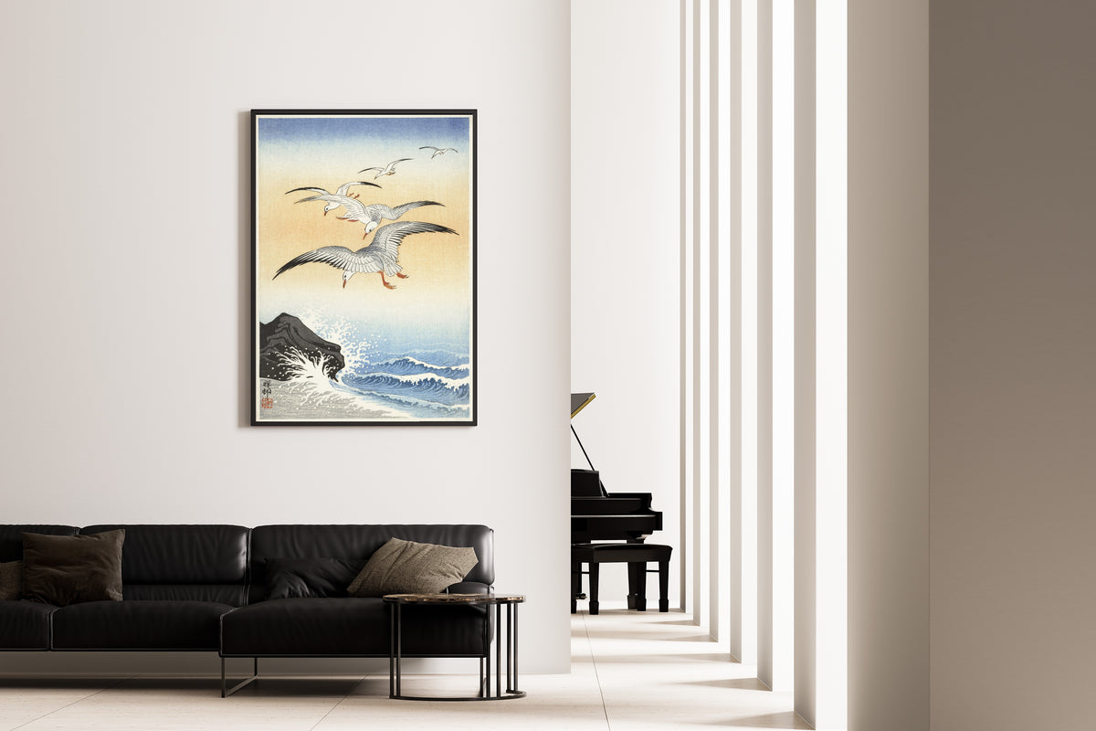 Ohara Koson — Five Seagulls above a Turbulent Sea | Japanese Bird & Flower Woodblock Print