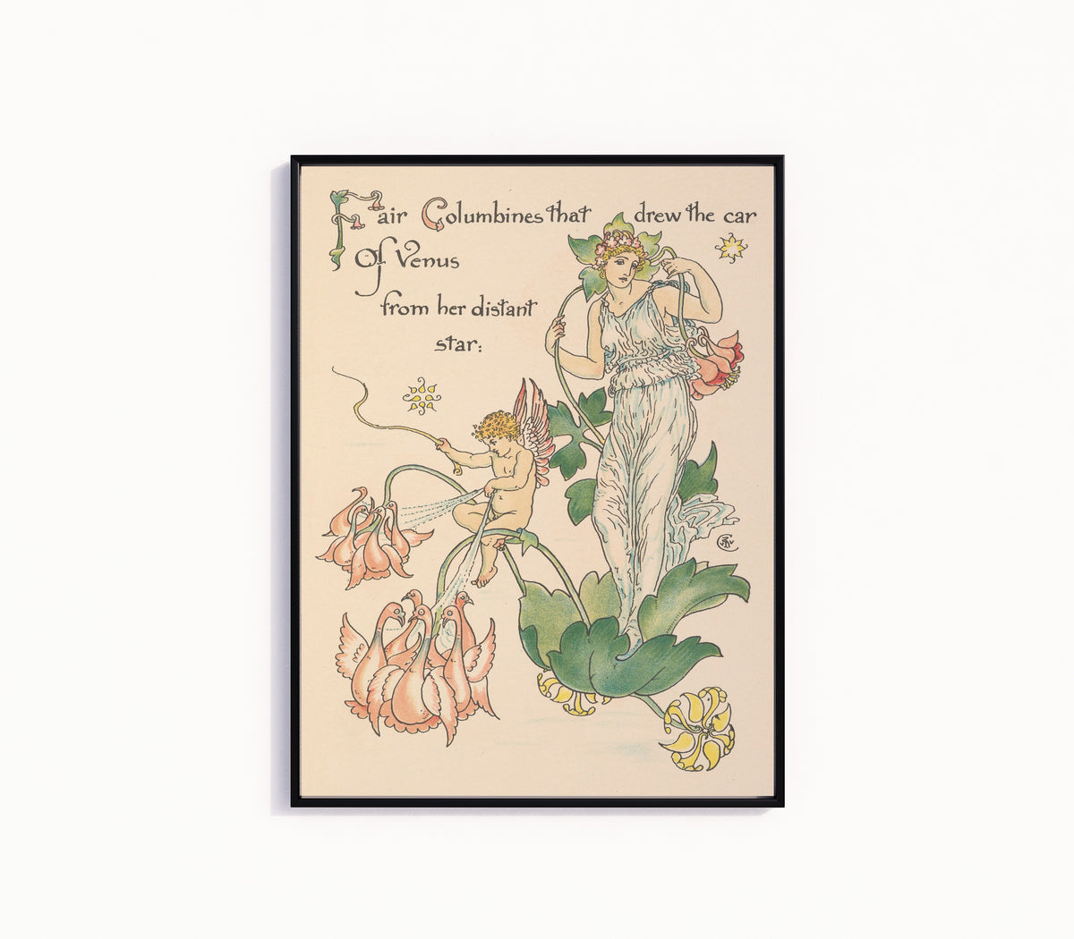 Framed art print of Flora's Feast: Columbines by Walter Crane, in a slim black frame on a plain white wall
