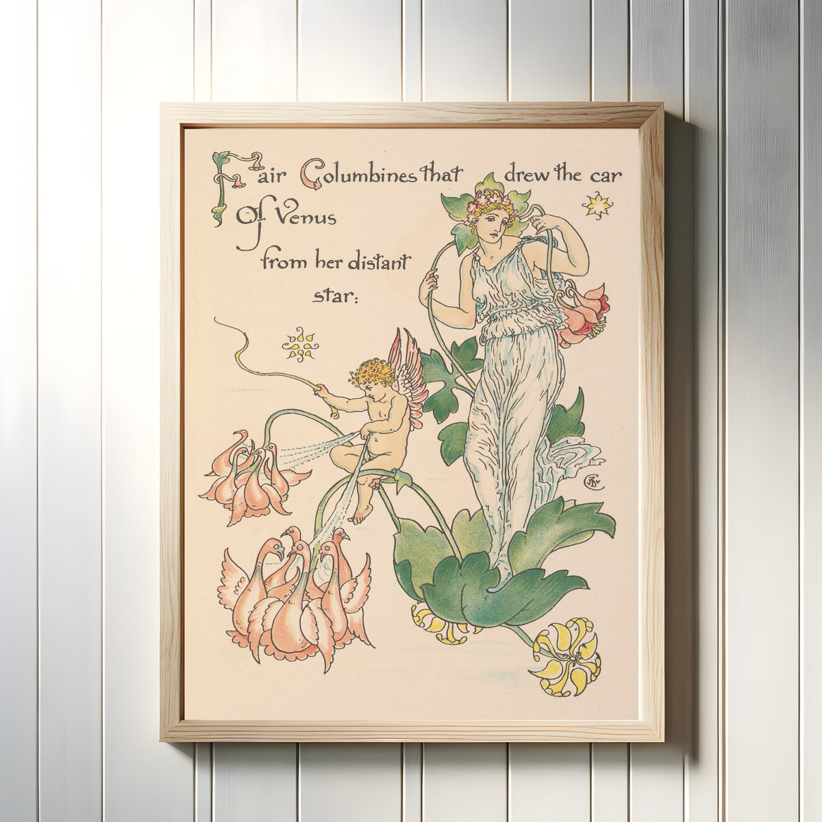 Framed art print of Flora's Feast: Columbines by Walter Crane, in a light wood frame on a white panelled wall