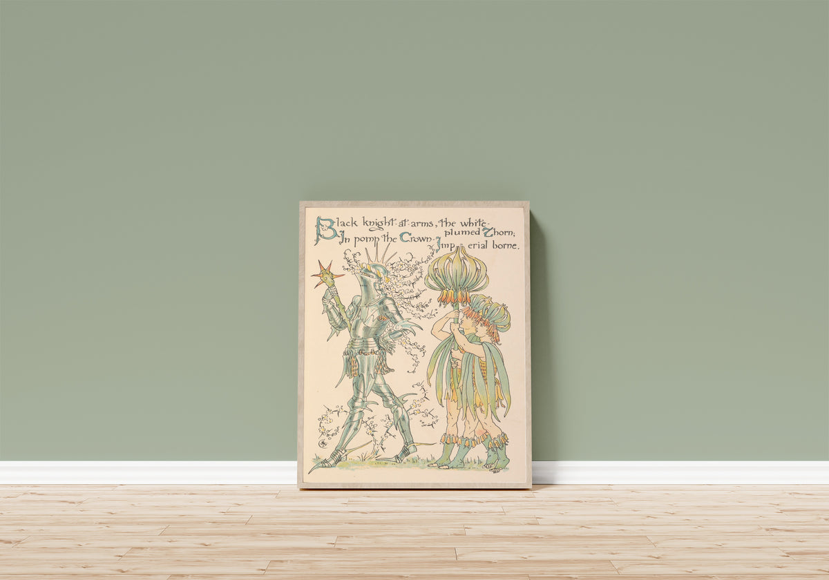 Framed art print of Flora's Feast: Crown Imperial by Walter Crane, in a light wood frame leaning on a sage green wall above a wooden floor