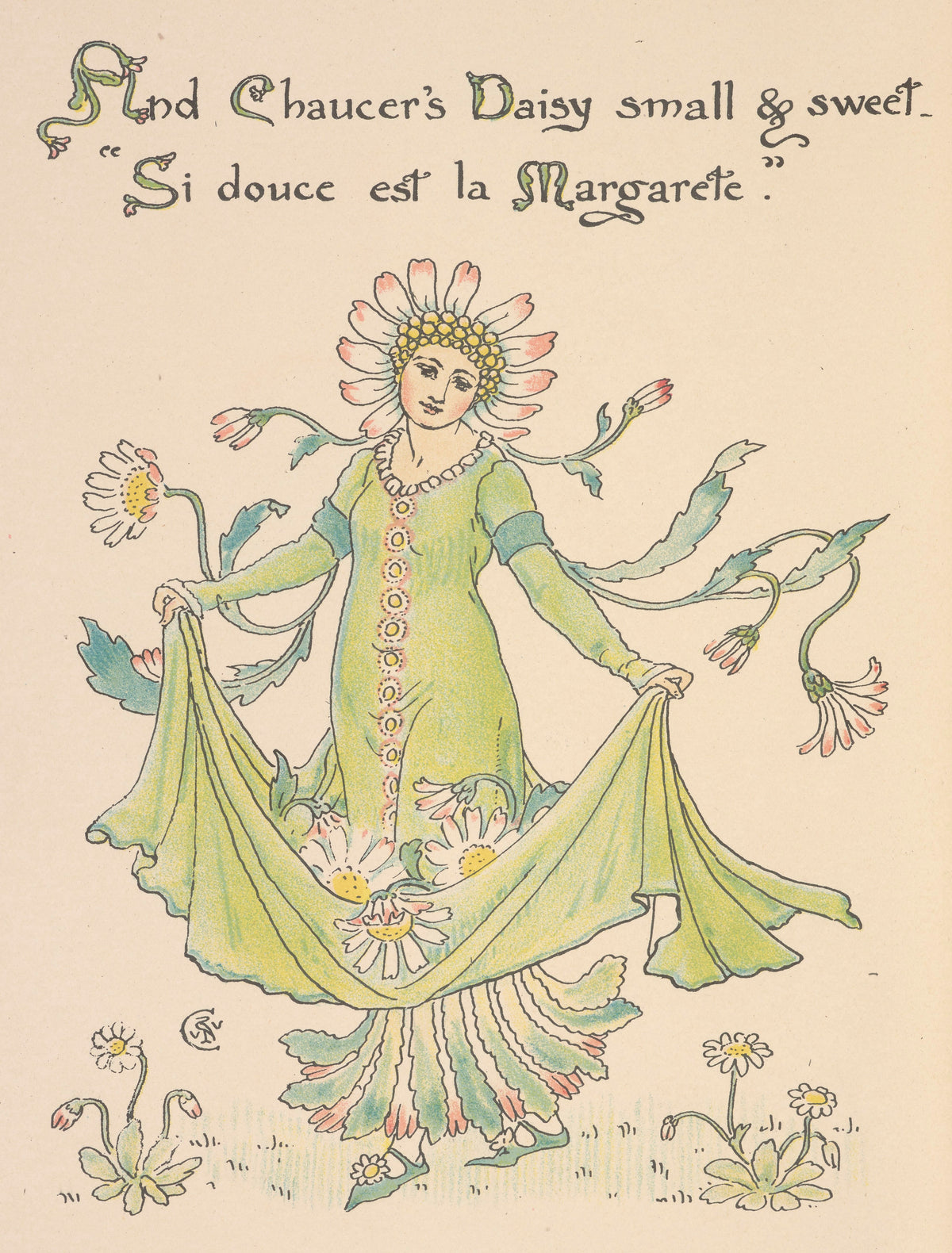 Flora's Feast: Daisy by Walter Crane — A woman in a green gown lifts her skirt full of daisies