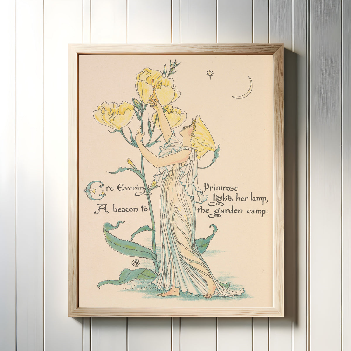 Framed art print of Flora's Feast: Evening Primrose by Walter Crane, in a light wood frame on a white panelled wall