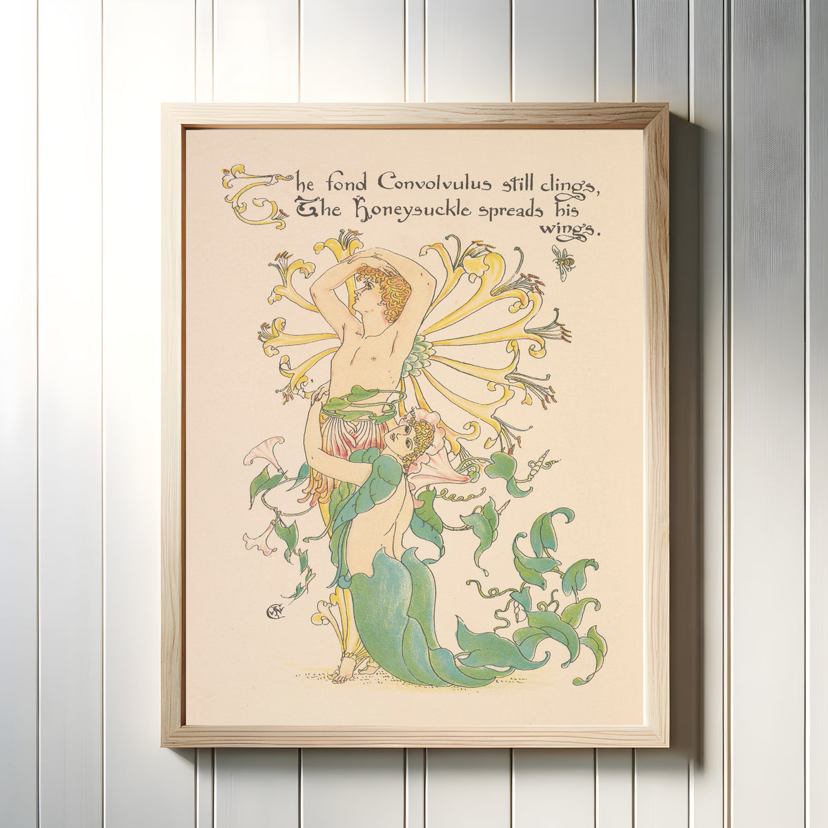Framed art print of Flora's Feast: Honeysuckle by Walter Crane, in a light wood frame on a white panelled wall