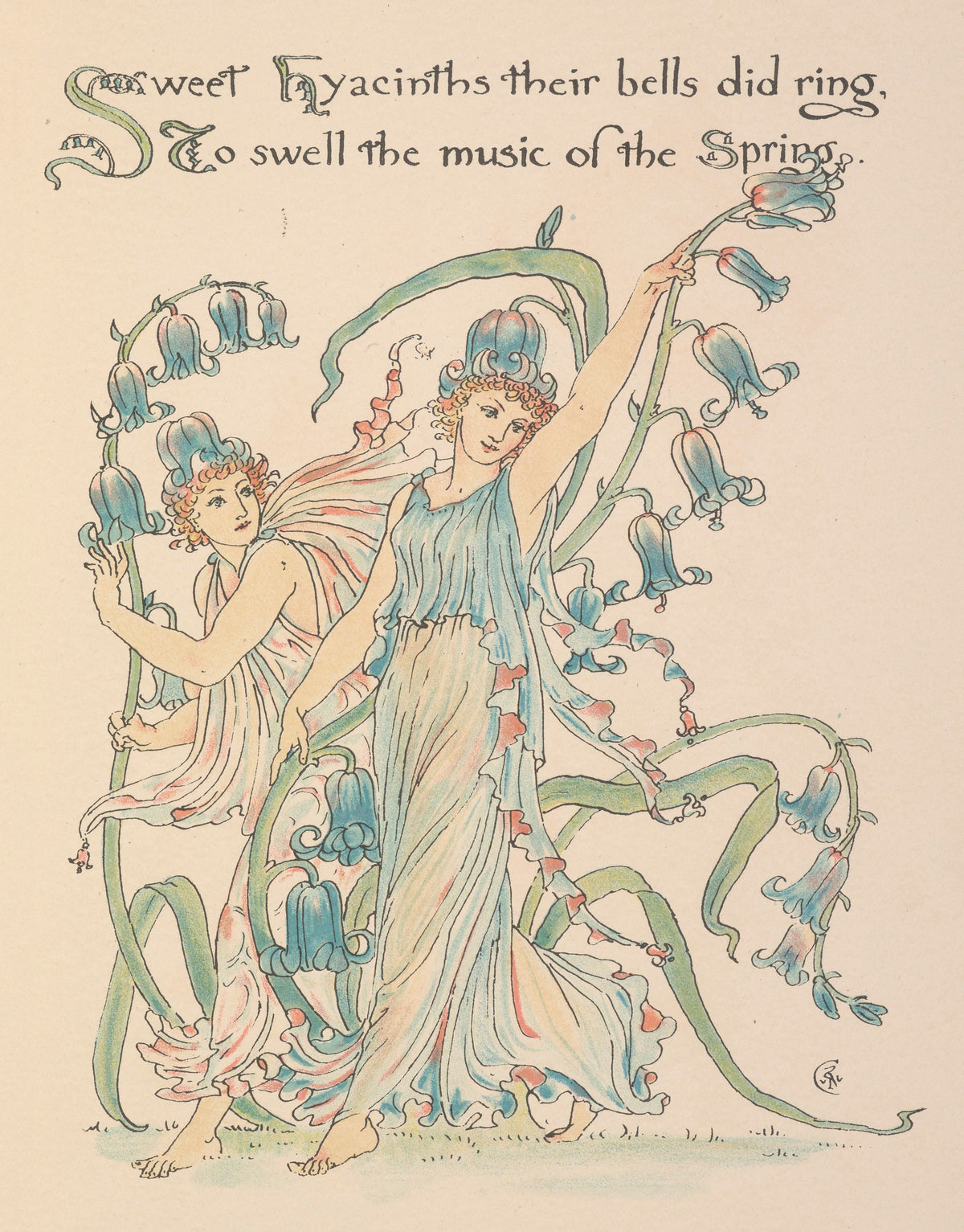Flora's Feast: Hyacinths by Walter Crane — Two barefoot bell-flower dancers sway among hyacinths